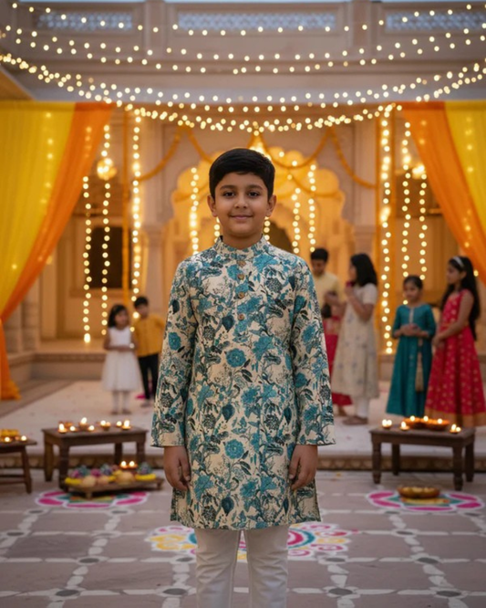 Teal Blue Floral Printed Boy's Kurta