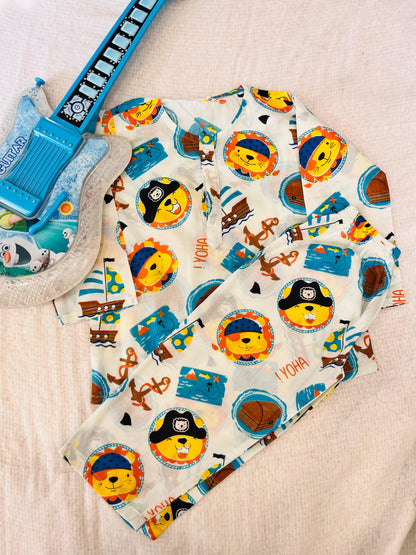 Sailor Cat Printed Yellow Color Night Suit