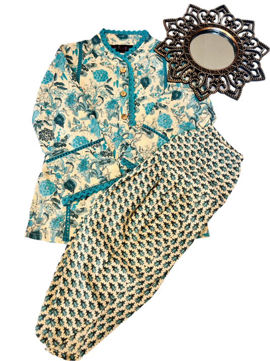 Blue Flower printed Straight Kurta with Dhoti Style Tulip Pant