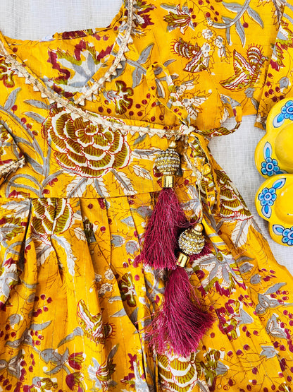 Mustard Colour Floral Printed Girls Flare Suit Set