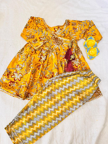 Mustard Colour Floral Printed Girls Flare Suit Set