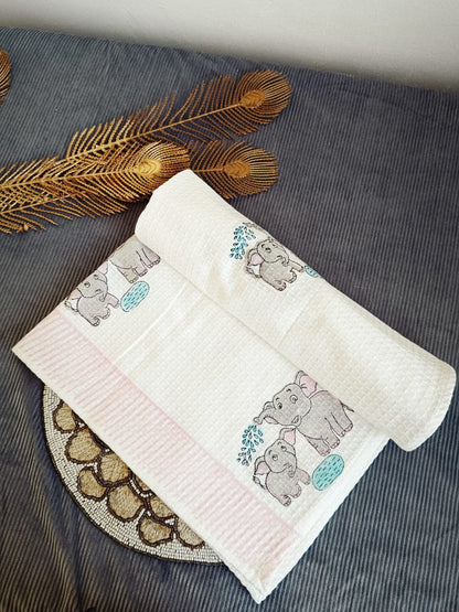 Grey Elephant printed White Cotton Bath Towel
