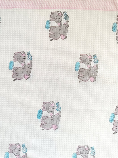 Grey Elephant printed White Cotton Bath Towel