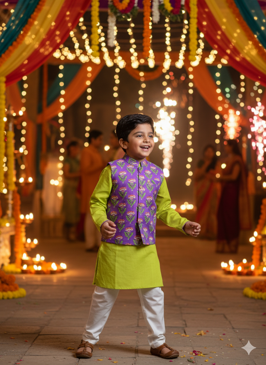 Ethnic Floral Print Jacket with Kurta -Pyjama