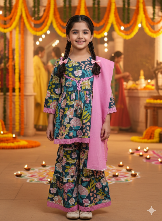 Floral Gathered Olive Green Kurta With Sharara Set