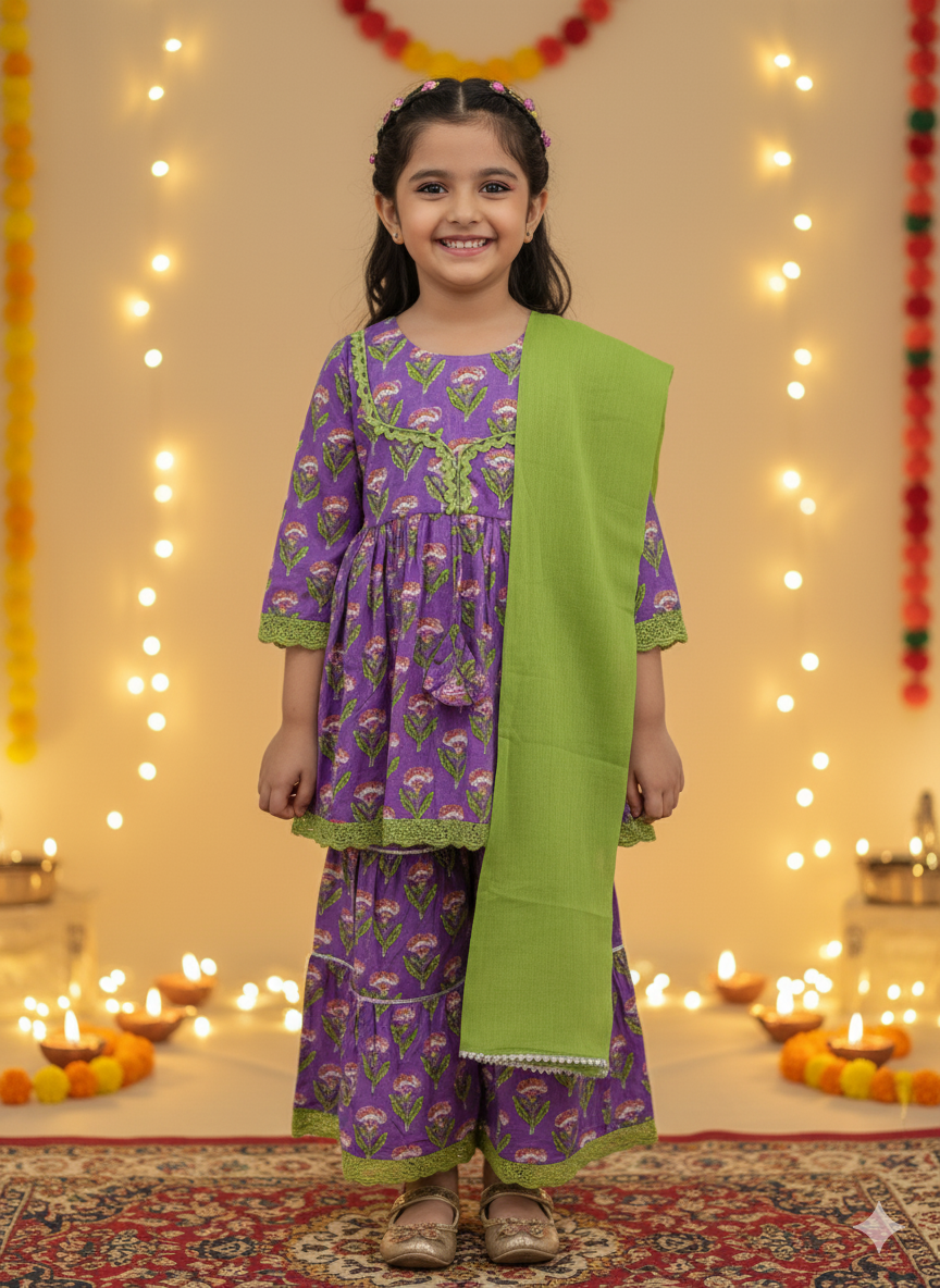 Floral Gathered Lavender Kurta With Sharara Set