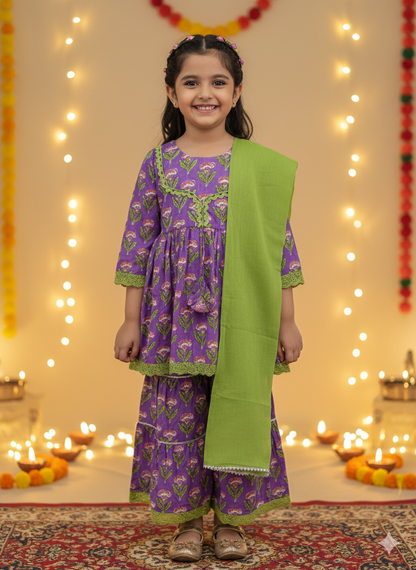 Floral Gathered Lavender Kurta With Sharara Set