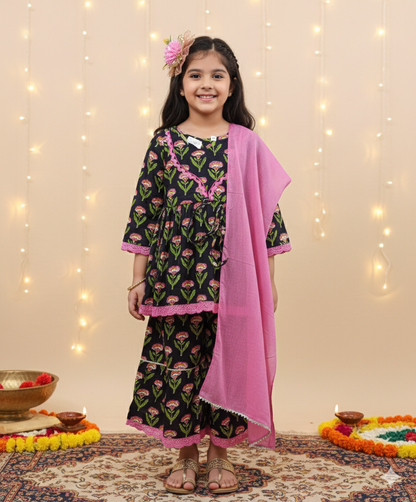 Floral Gathered Black Kurta With Sharara Set