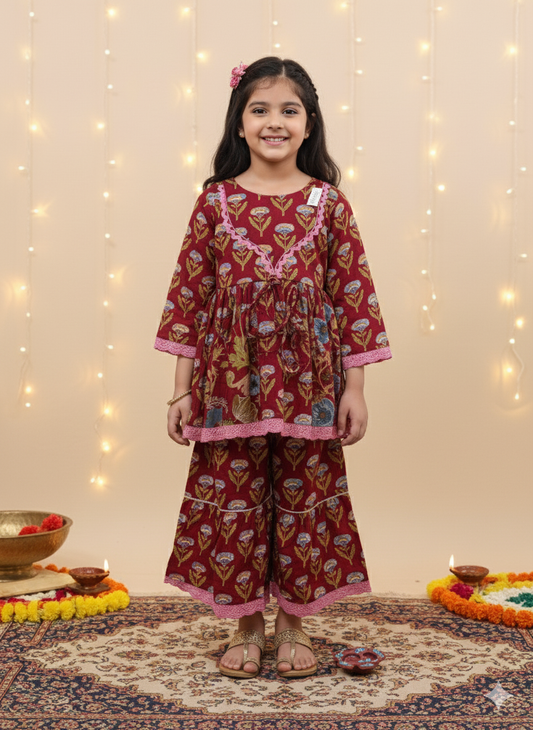 Floral Gathered Maroon Kurta With Sharara Set