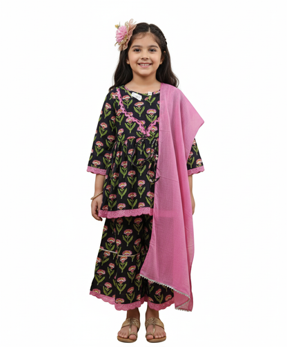 Ethnic Gathered Olive Green Kurta With Sharara Set