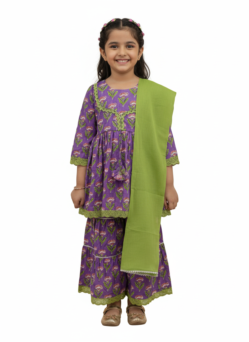 Ethnic Gathered Olive Green Kurta With Sharara Set