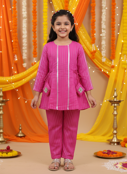 Stylish Pink Lurex cotton flared suit set for Girls