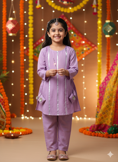 Stylish Lavender Lurex cotton flared suit set for Girls