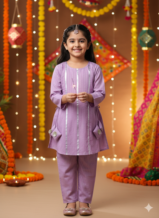Stylish Lavender Lurex cotton flared suit set for Girls