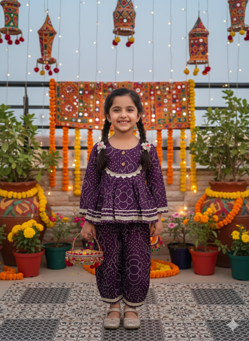 Purple Bandhej Anarkali Kurta with Afghani Salwar