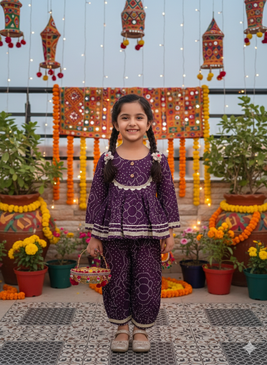 Purple Bandhej Anarkali Kurta with Afghani Salwar