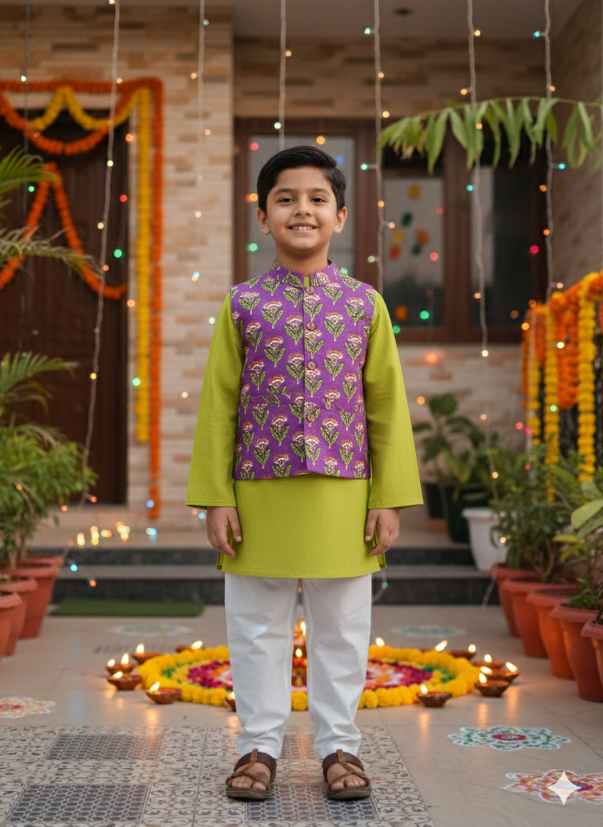 Lavender Floral Print Jacket with Kurta -Pyjama