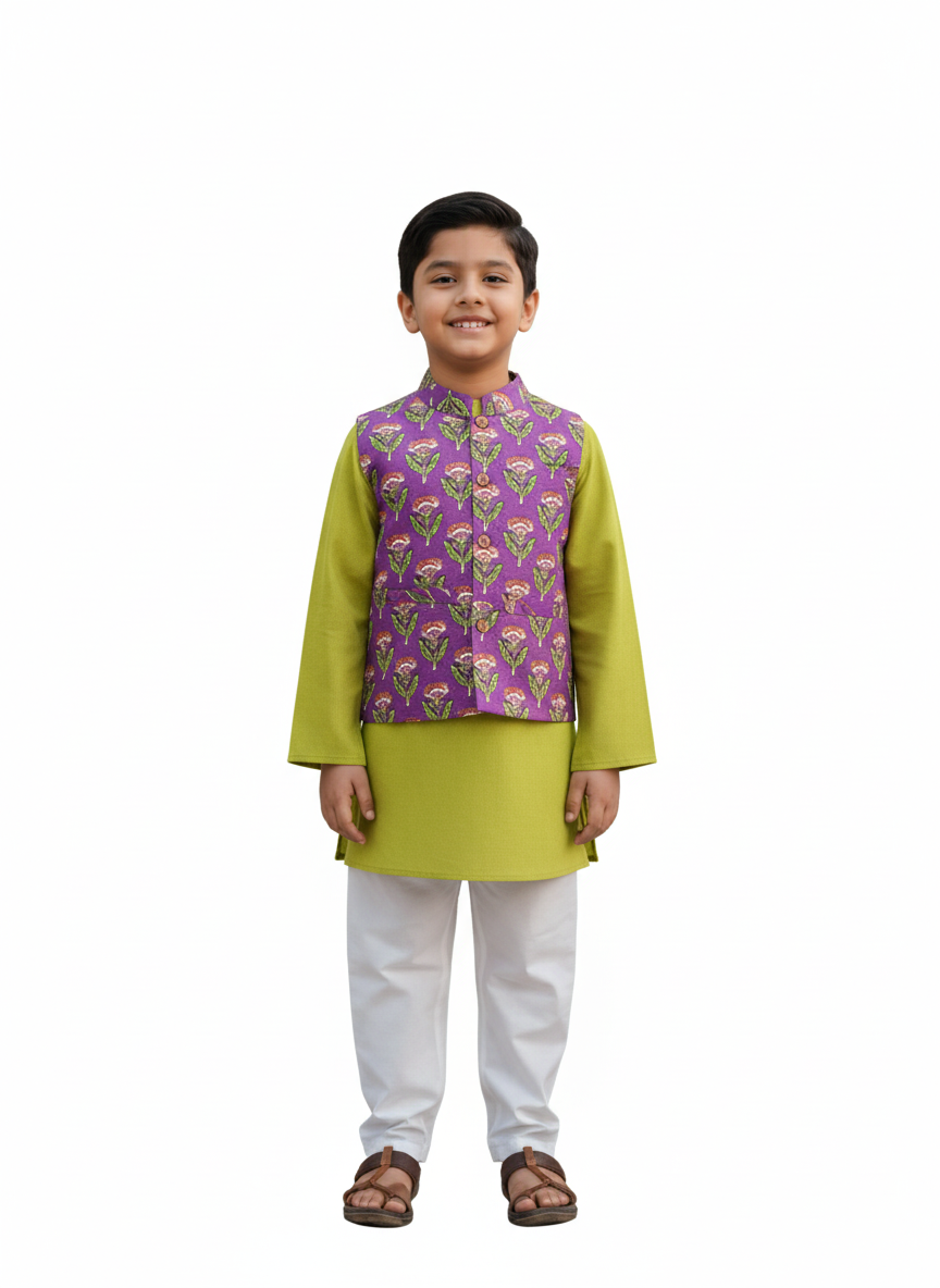 Ethnic Floral Print Jacket with Kurta -Pyjama