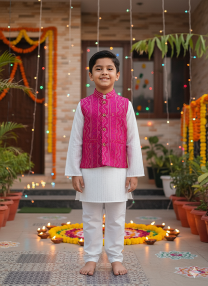 Pink Bandhej Jacket With Lurex Kurta Pyjama