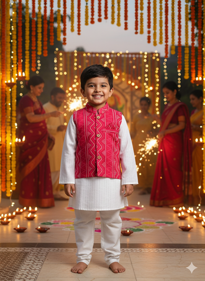 Red Bandhej Jacket With Lurex Kurta Pyjama