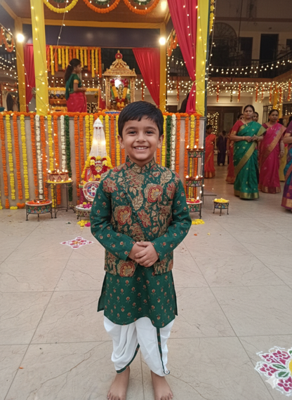 Green block printed Jacket with Kurta -Dhoti