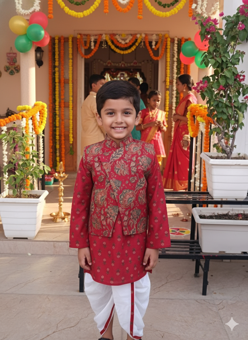 Maroon block printed Jacket with Kurta -Dhoti