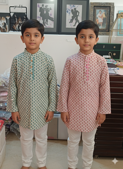 SeaGreen Block Printed Boy's Kurta