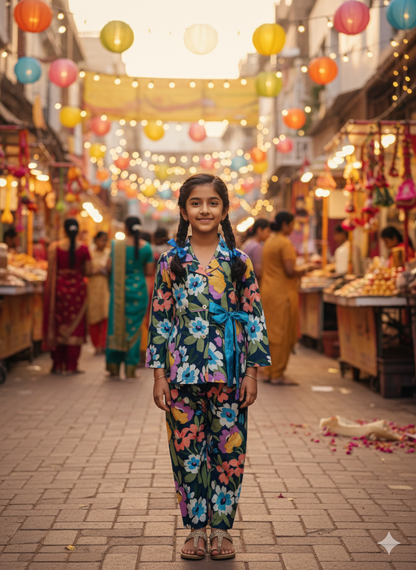Blue coloured Flower Printed Girls Co-Ord Set