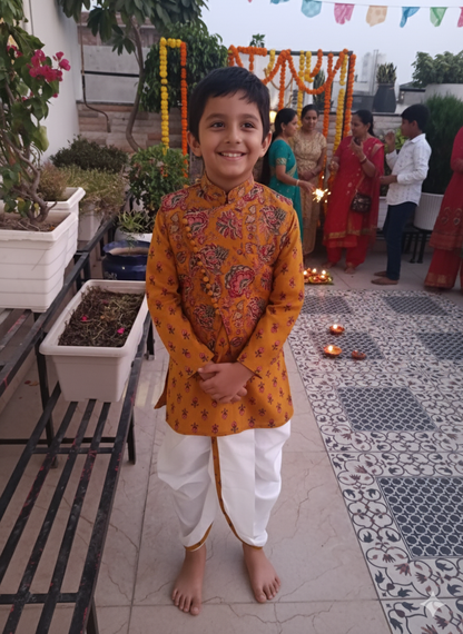 Mustard block printed Jacket with Kurta -Dhoti