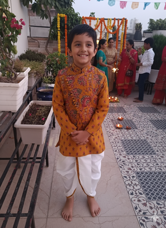 Mustard block printed Jacket with Kurta -Dhoti