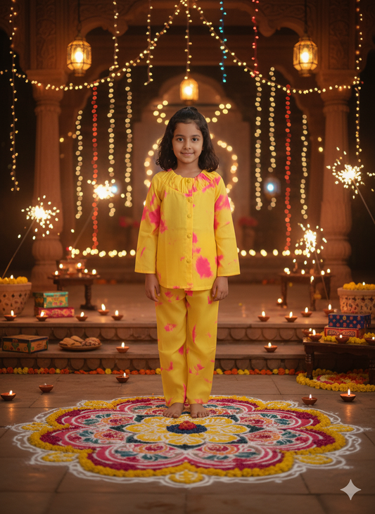 Marble Tie & Dye Print Yellow Pink Colour Girls Co-Ords