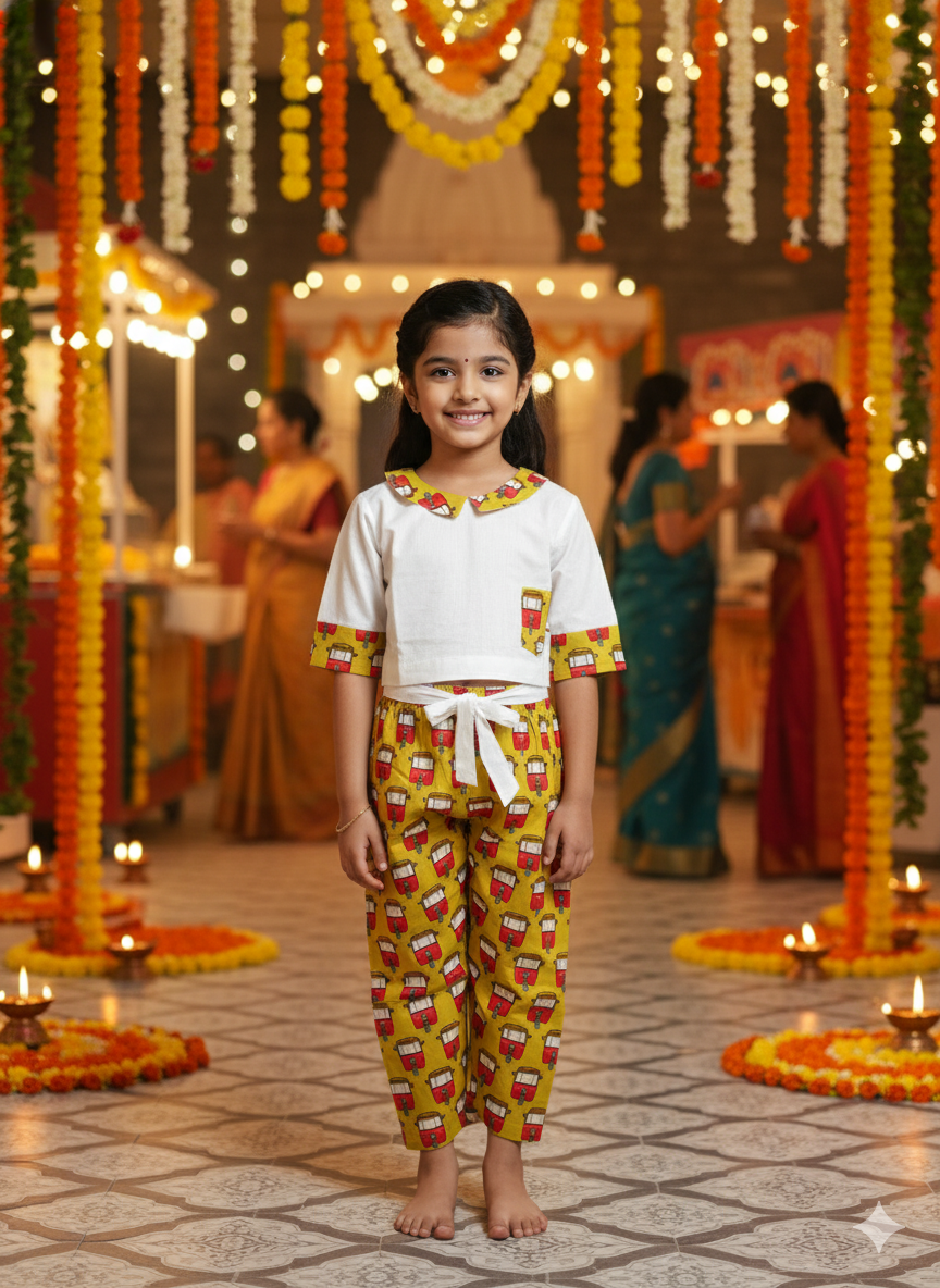 Mustard coloured Auto Printed Girls Co-Ords