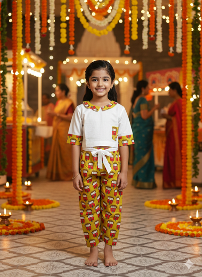 Mustard coloured Auto Printed Girls Co-Ords