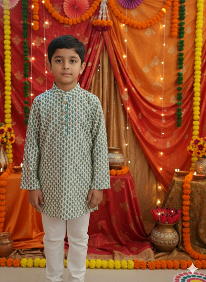 SeaGreen Block Printed Boy's Kurta