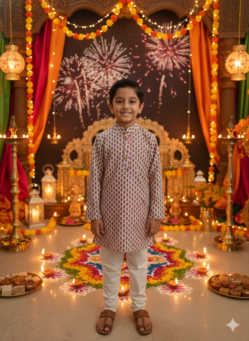 Pink Block Printed Boy's Kurta