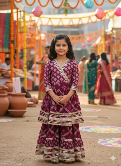 Jaal Butta  Print Wine Coloured Anarkali Suit with Sharara