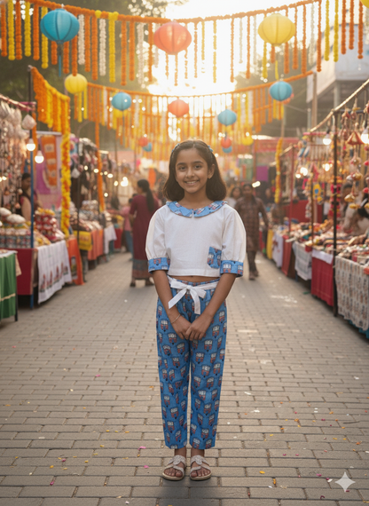 Blue Coloured Auto Printed Girls Co-Ords