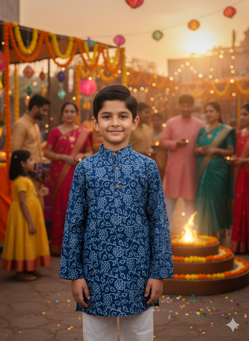 Indigo blue discharge printed Kurta -Pyjama