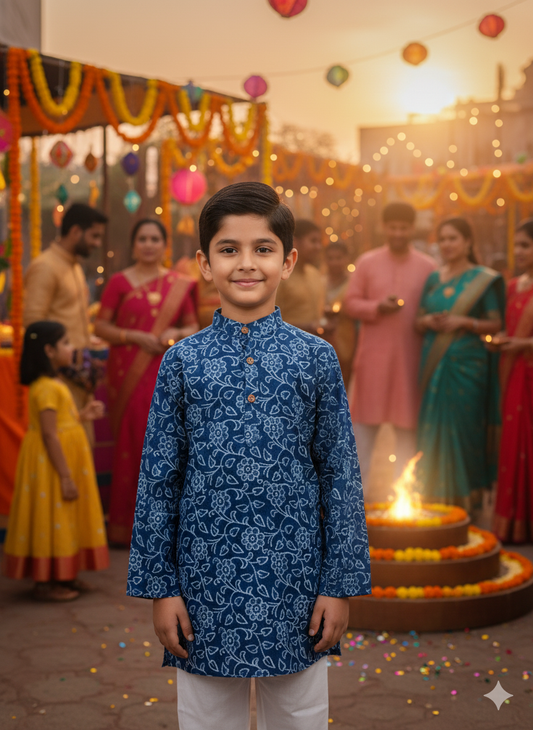 Indigo blue discharge printed Kurta -Pyjama