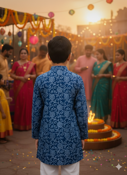 Indigo blue discharge printed Kurta -Pyjama