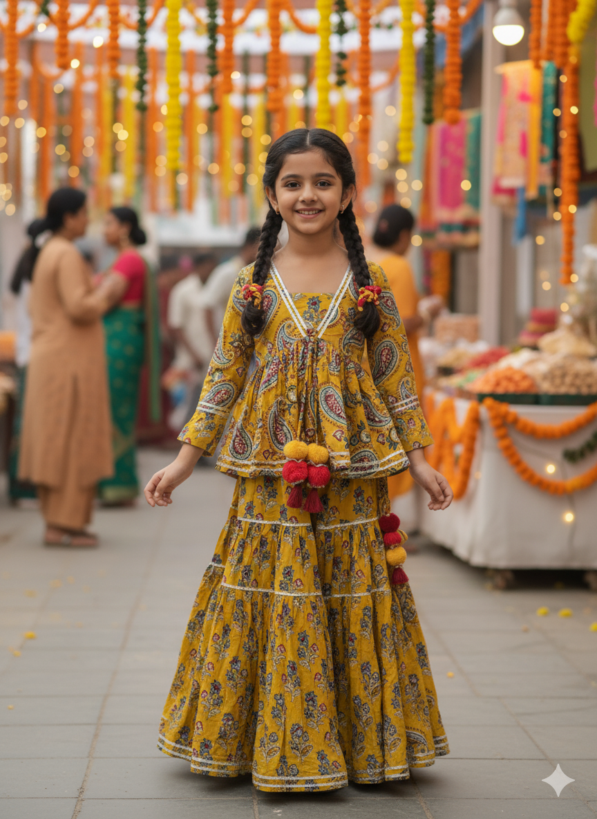Block Print Mustard Coloured Lehnga Choli