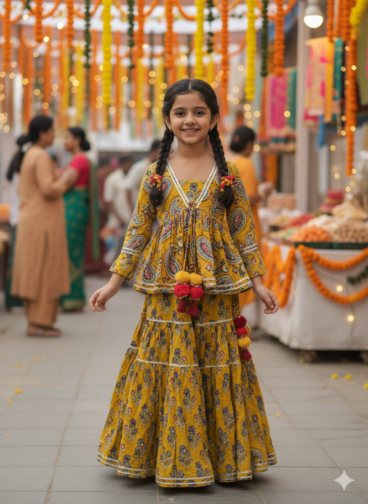 Block Print Mustard Coloured Lehnga Choli