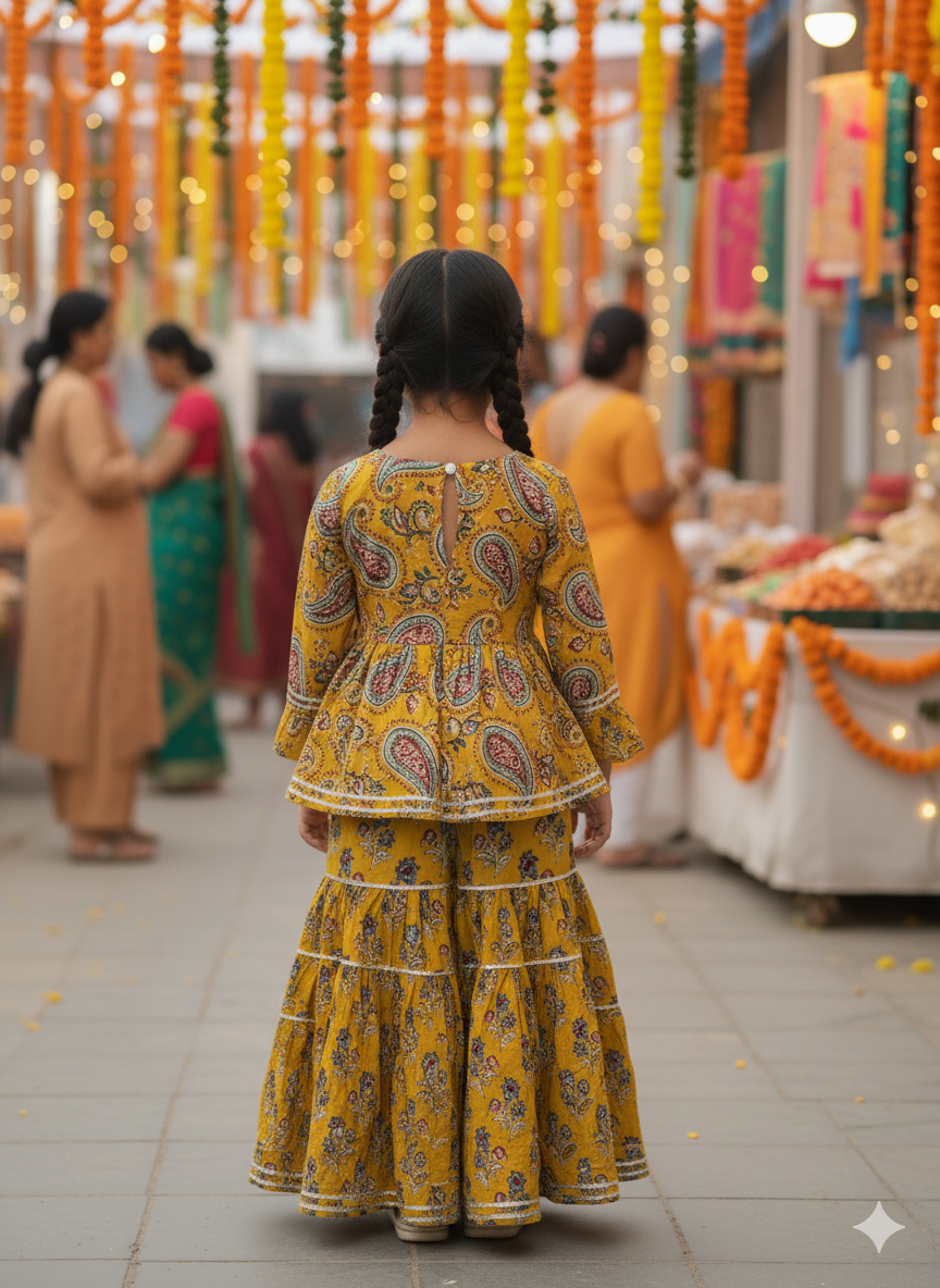 Block Print Mustard Coloured Lehnga Choli