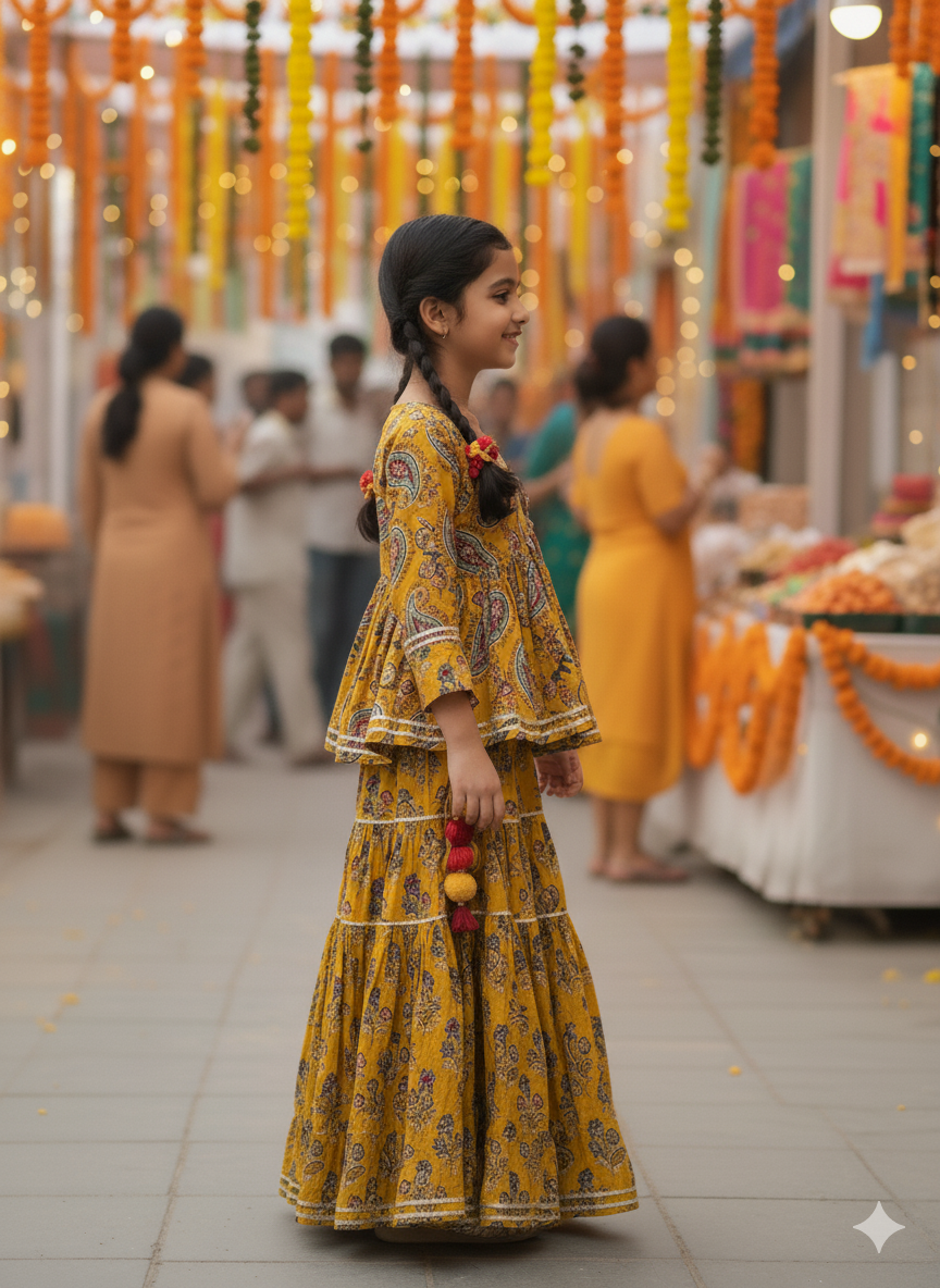 Block Print Mustard Coloured Lehnga Choli