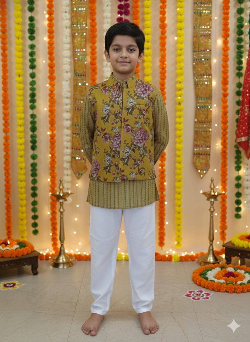 Mustard Fulwari Jacket with Kurta-Pyjama