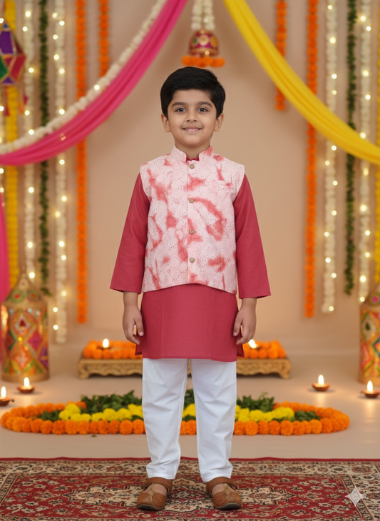 Schiffli Peach-Rust Jacket with Kurta -Pyjama