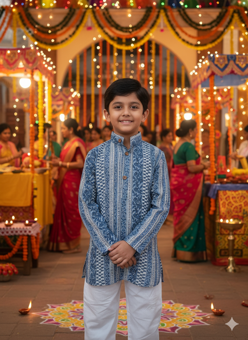 Grey -white block print Jacket with Kurta -Pyjama
