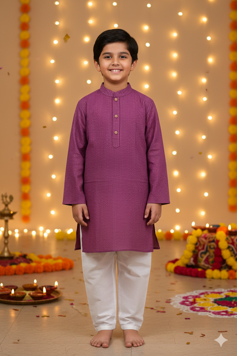 Abstract cream/Purple print Jacket with Kurta -Pyjama