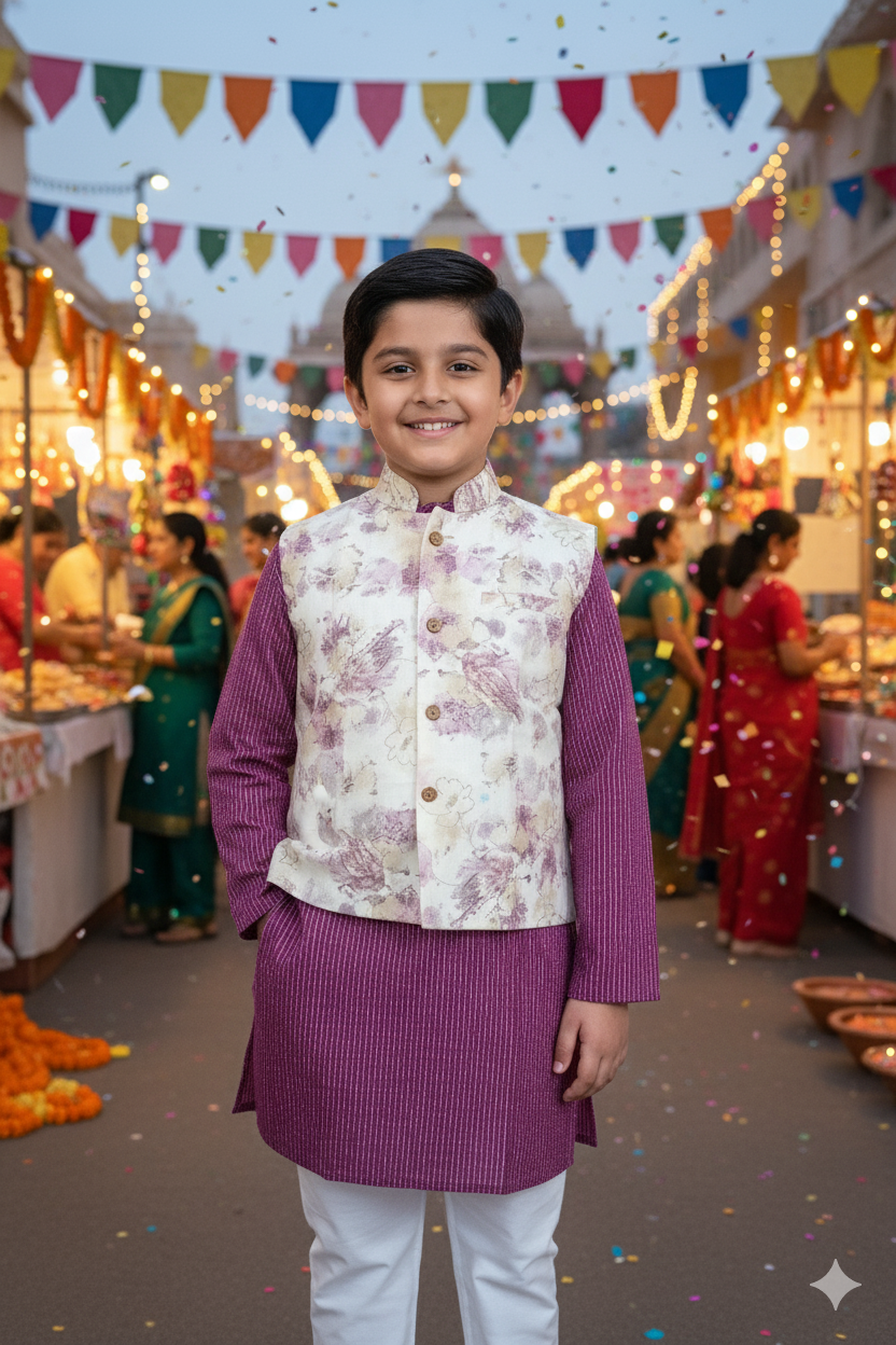 Abstract cream/Purple print Jacket with Kurta -Pyjama