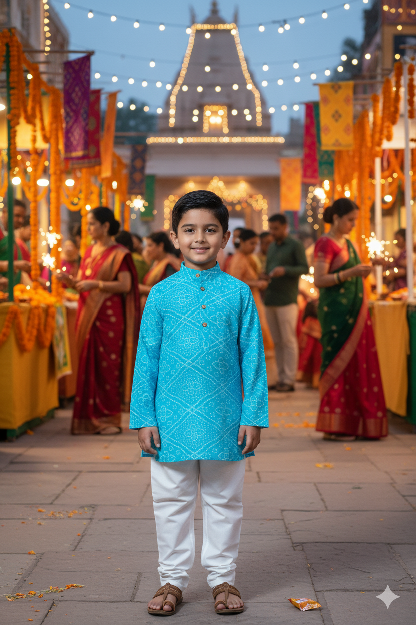 Sky Blue Bandhej Kurta And Jacket With Pyjama (Tie and Dye )